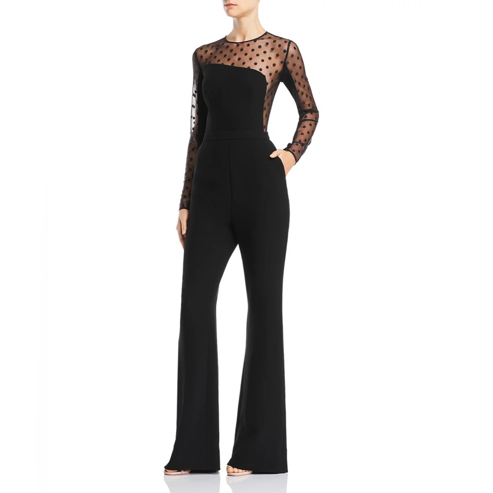 Rachel Zoe Black Jumpsuit with Sheer Polka Dot Mesh
